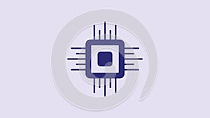 Blue Computer processor with microcircuits CPU icon isolated on purple background. Chip or cpu with circuit board. Micro