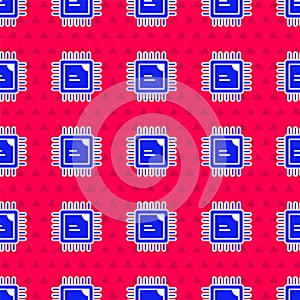 Blue Computer processor with microcircuits CPU icon isolated seamless pattern on red background. Chip or cpu with