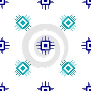 Blue Computer processor with microcircuits CPU icon isolated seamless pattern on white background. Chip or cpu with