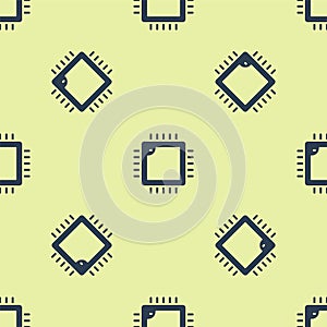 Blue Computer processor with microcircuits CPU icon isolated seamless pattern on yellow background. Chip or cpu with circuit board