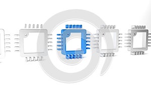 Blue Computer processor with microcircuits CPU icon isolated on white background. Chip or cpu with circuit board. Micro
