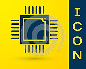 Blue Computer processor with microcircuits CPU icon isolated on yellow background. Chip or cpu with circuit board. Micro