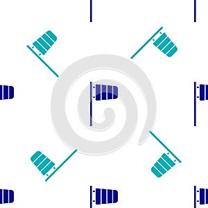 Blue Cone meteorology windsock wind vane icon isolated seamless pattern on white background. Windsock indicate the