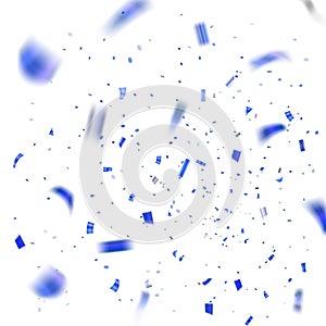 Blue confetti explosion celebration on white background. Falling confetti. Abstract decoration party, birthday