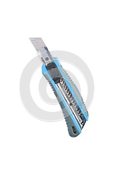 Blue construction scalpel isolated on a white background. Construction tool and equipment. Path saved.