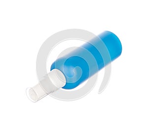 Blue container of spray bottle isolated on white