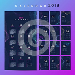 Blue contour patterned calendar 2019 vector