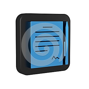 Blue Contract with pen icon isolated on transparent background. File icon. Checklist icon. Business concept. Black