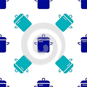 Blue Cooking pot icon isolated seamless pattern on white background. Boil or stew food symbol. Vector