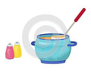 Blue cooking pot with soup and spoon, salt and pepper shakers. Kitchen utensils and cooking concept vector illustration