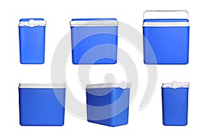 Blue cool box isolated on white, collage