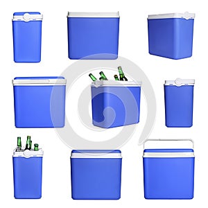 Blue cool box isolated on white, collage