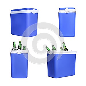 Blue cool box isolated on white, collage