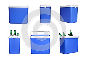 Blue cool box isolated on white, collage