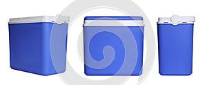 Blue cool box isolated on white, set