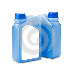 Blue coolant water in plastic bottles with white label isolated on white mock up copy space
