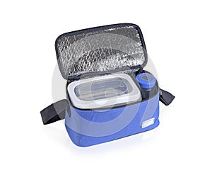 Blue cooler bag filled with plastic bottle and boxes