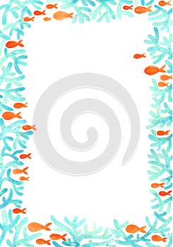 Blue coral reef and orange color fish in the sea watercolor.