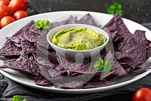 Blue corn Organic tortilla chips with Guacamole