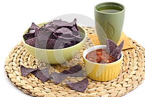Blue corn tortilla chips with salsa