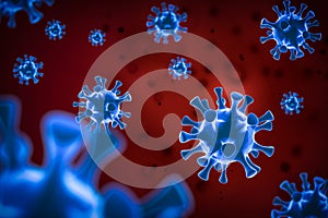 Blue coronavirus disease COVID-19 infection medical illustration.China pathogen respiratory influenza covid virus cells. in dark r photo