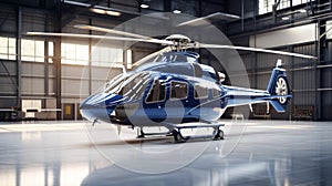 Blue corporate Helicopters in hangar during maintenance or parking time