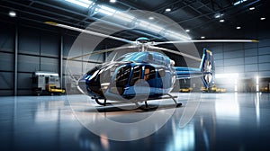 Blue corporate Helicopters in hangar during maintenance or parking time