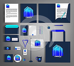 Blue corporate identity template with abstract house element. Business set stationery.