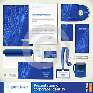 Blue corporate identity template with line elements.