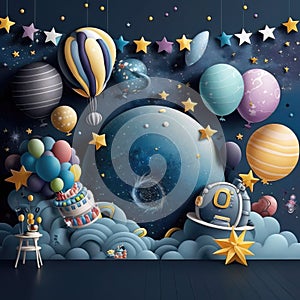 Blue cosmic dream universe with colorfull stars smash cake backdrop