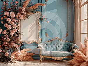 Blue couch in front of blue wall