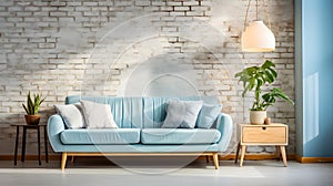 a blue couch sitting in front of a brick wall Industrial interior Patio with Light Blue color theme