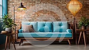 a blue couch sitting in front of a brick wall Scandinavian interior Patio with Light Blue color