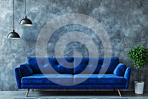 A blue couch sitting in front of a gray wall