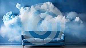 A blue couch is sitting in front of a wall with clouds on it