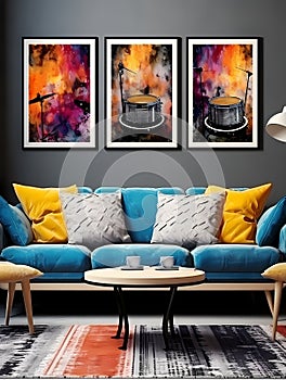 Blue Couch With Yellow Pillows And A Coffee Table With A Drum Set On The Wall