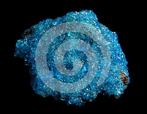 Blue Covelline or Covellite Crystals isolated on a black background. Copper sulfide CuS, from Etna volcano