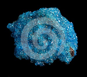 Blue Covelline or Covellite Crystals isolated on a black background. Copper sulfide CuS, from Etna volcano