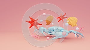 Blue crab with colorful shells, starfish and pearls on a pink background, 3d render.