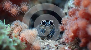 Blue crab with striking eyes among colorful coral reefs. photo