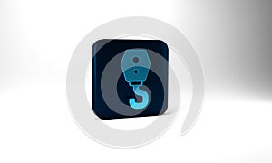 Blue Crane hook icon isolated on grey background. Industrial hook icon. Blue square button. 3d illustration 3D render