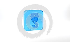 Blue Crane hook icon isolated on grey background. Industrial hook icon. Glass square button. 3d illustration 3D render