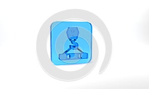 Blue Crane hook icon isolated on grey background. Industrial hook icon. Glass square button. 3d illustration 3D render