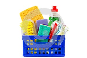 Blue crate with cleaning supplies isolated