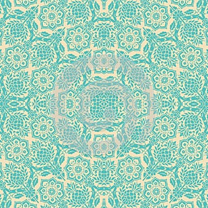 Blue cream floral damask seamless pattern