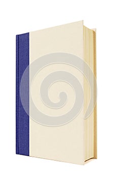 Blue and cream hardback book, front cover, standing upright, vertical, copy space