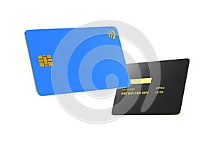 Blue credit card front and back floating on isolated white background