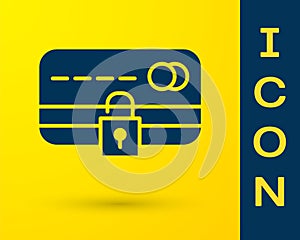 Blue Credit card with lock icon isolated on yellow background. Locked bank card. Security, safety, protection. Concept