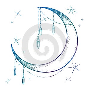 Blue crescent moon with moonstone gem pendants and stars vector illustration. Hand drawn boho style art print poster design, astro