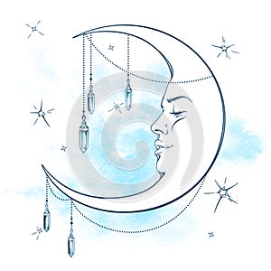 Blue crescent moon with moonstone pendants and stars vector illustration